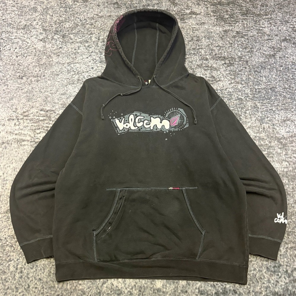 Vintage Y2K Volcom Hoodie Mens XL Black Surf Skater Grunge Sweatshirt